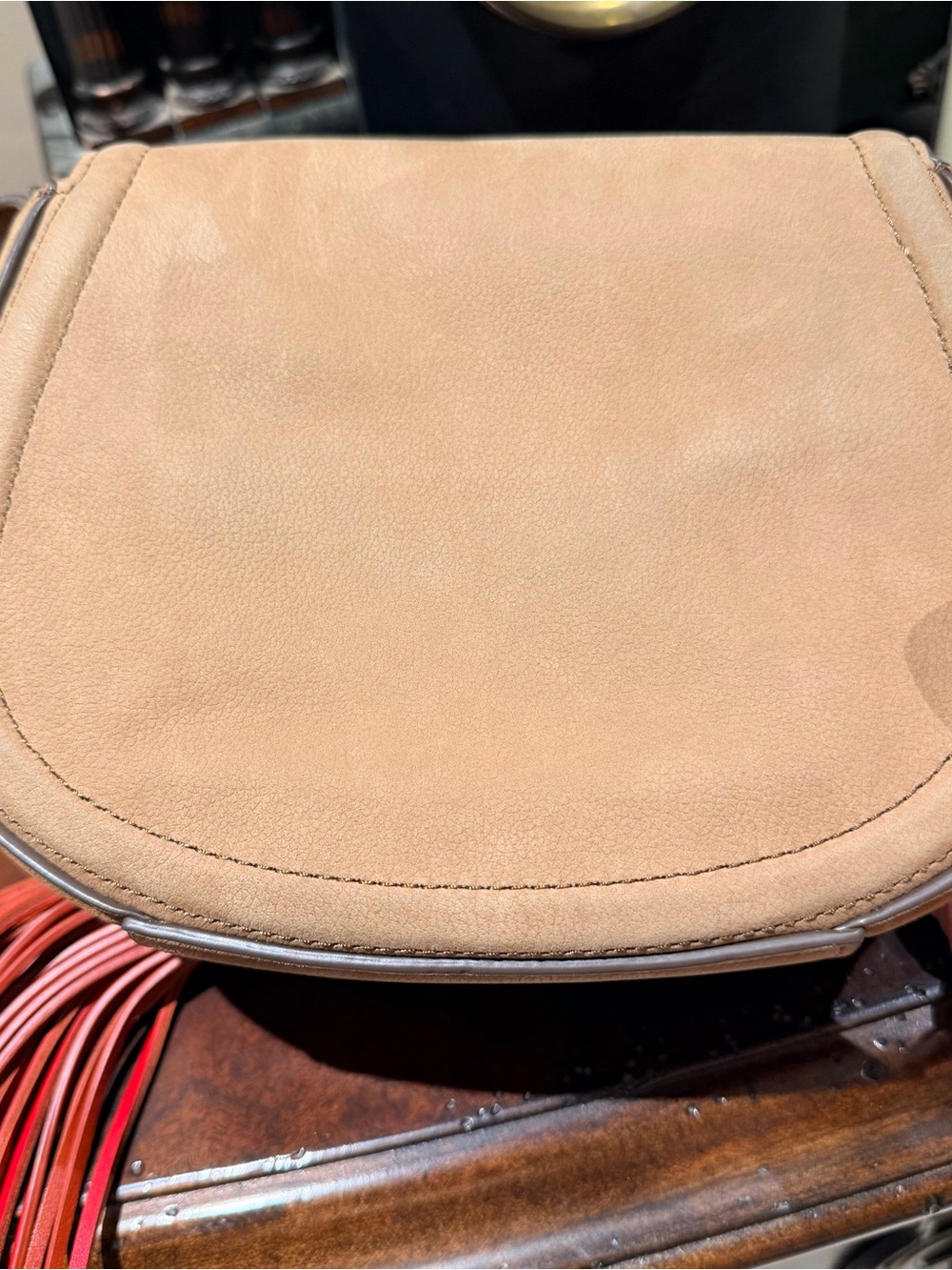 Tory Burch River Rock Mini Leather Bag Tan Suede Saddle Crossbody w/ Red Tassel - Picture 3 of 7